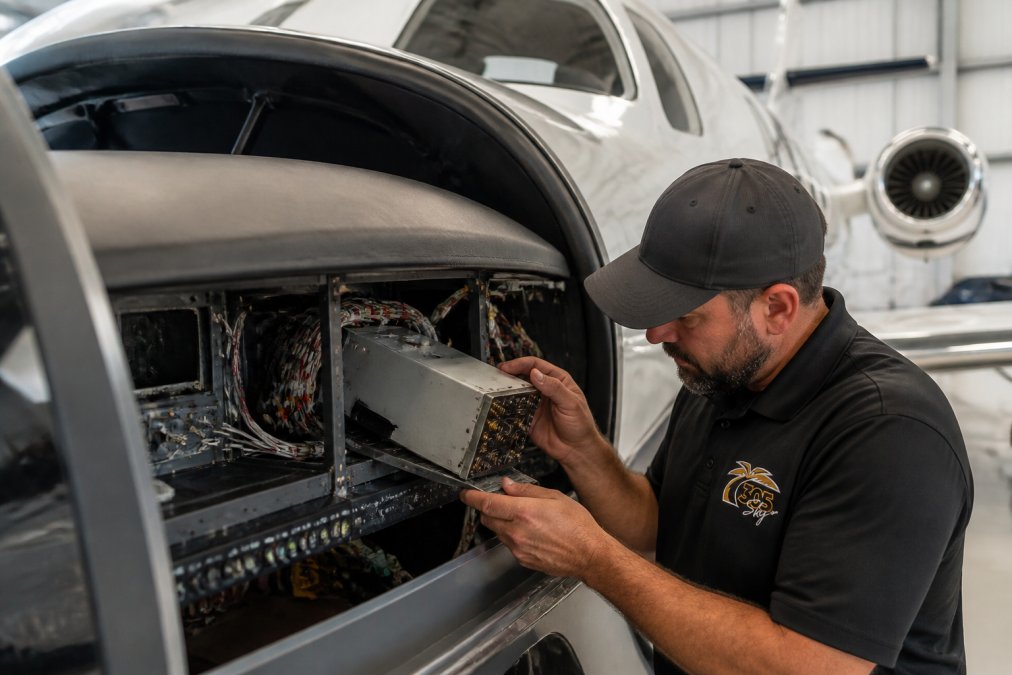 Avionics technician installing a transponder during the ADS-B installation timeline process in a hangar.
