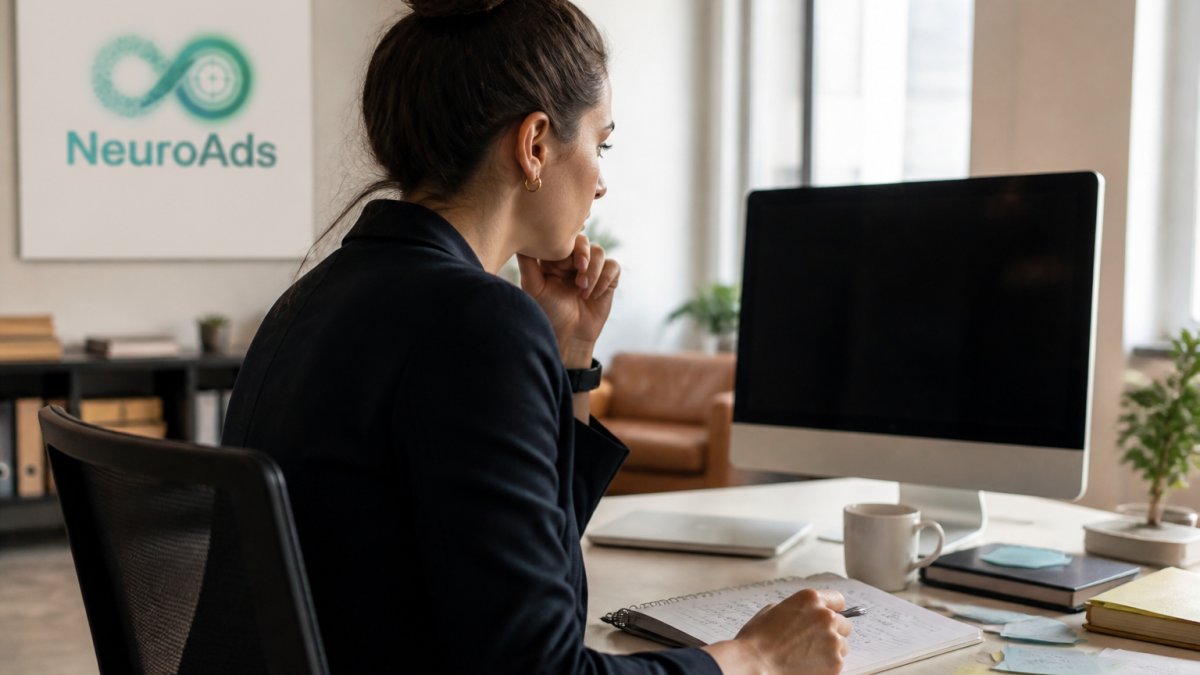 Marketing manager reviewing campaign performance metrics on desktop monitor in modern office with coffee and notes visible on desk