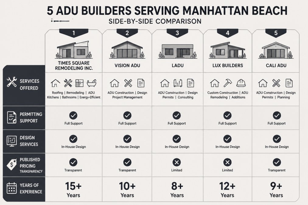 Comparison matrix of 5 ADU builders (Times Square Remodeling Inc., Vision ADU, LADU, Lux Builders, Cali ADU) across criteria: services offered, permitting support, design services, published pricing transparency, and years of experience