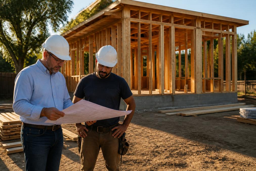 A construction administrator in a white hard hat reviewing blueprints with a contractor beside a framed ADU structure in late afternoon sunlight