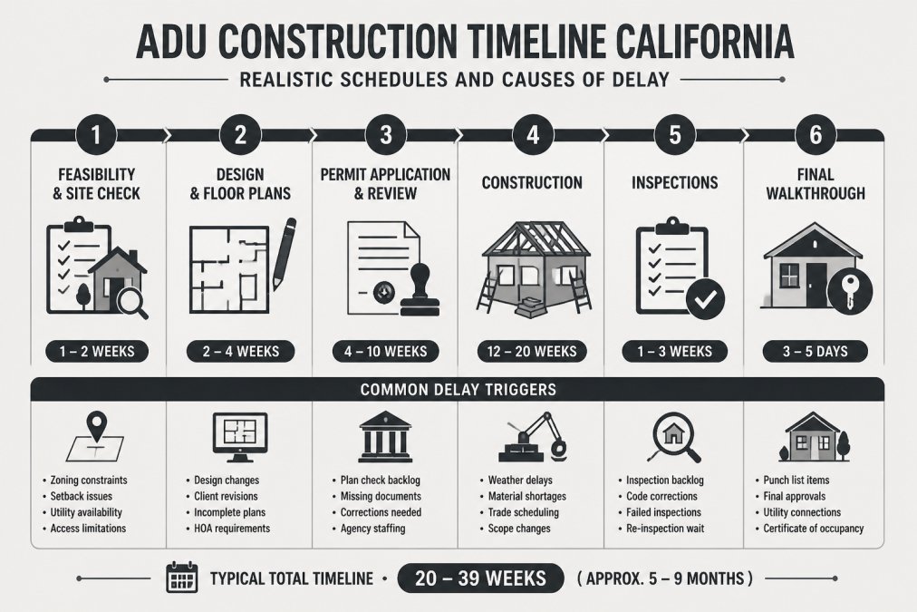 ADU construction timeline showing project phases and common delays for an ADU contractor to manage.