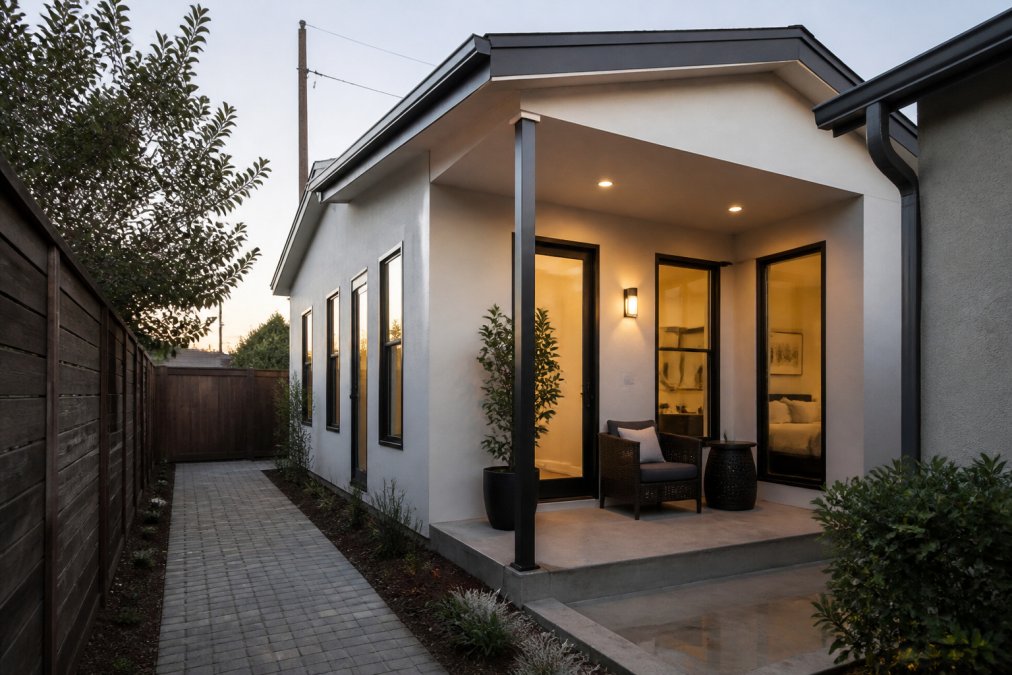 Diagram illustrating an efficient ADU design layout for a compact backyard with a one-bedroom unit and path.