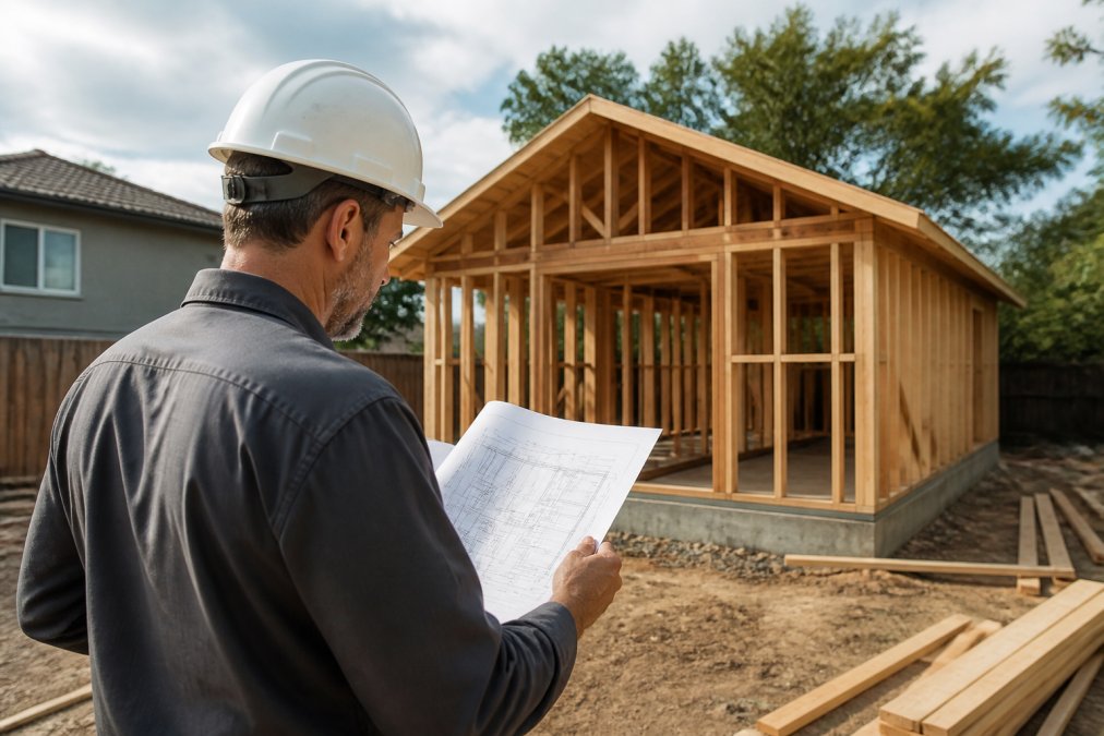 A contractor in a hard hat reviewing structural blueprints on a tablet at a residential construction site, with a partially framed ADU visible in the background