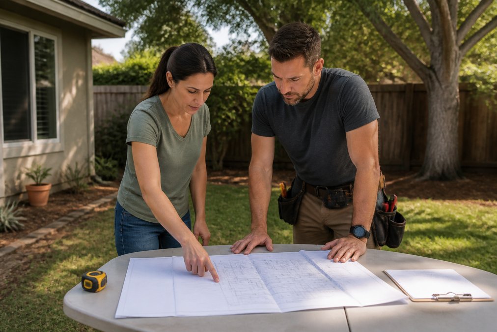 A homeowner and a contractor standing in a residential backyard, looking at a set of blueprints on a folding table, with a measuring tape and clipboard nearby, trees and a fence in the background