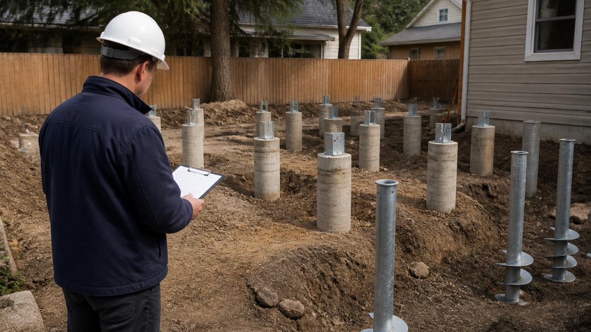Construction site showing concrete piers and helical piles being installed for a detached ADU structure, with soil engineer examining foundation work in progress