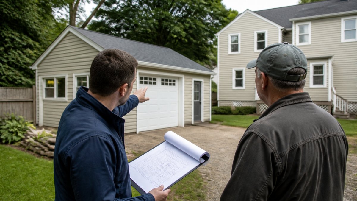 Homeowner and contractor reviewing site plans for a detached garage project under Massachusetts ADU rules