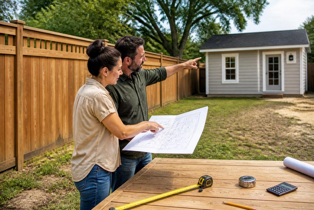 A homeowner and a contractor standing in a backyard, reviewing a property survey and pointing toward a fence line, with a small detached structure in the background
