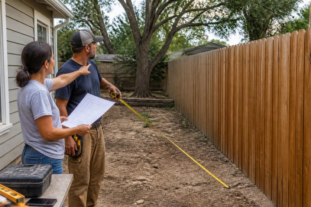 Homeowner and contractor using a measuring tape to verify an ADU setback along a residential fence line