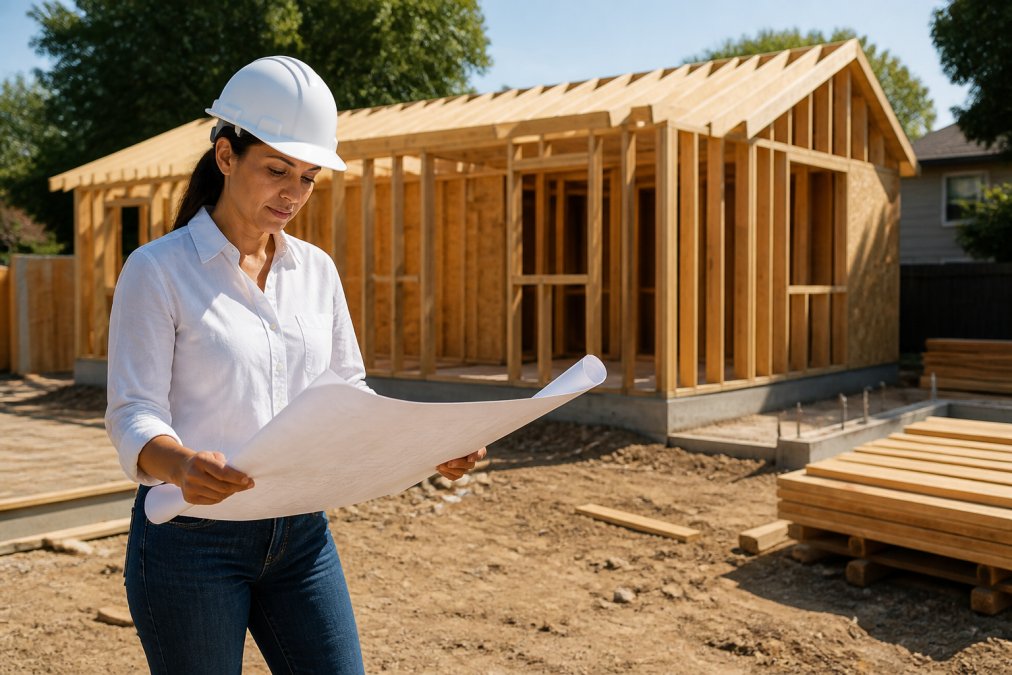 A structural engineer in a white hard hat reviewing blueprints at a residential construction site, with the partially framed walls of a detached ADU visible behind her under bright afternoon sun
