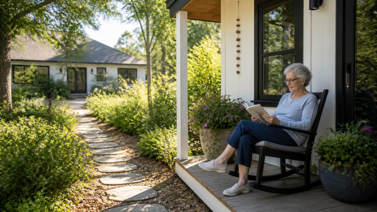 An older woman reading on a bright sunlit porch of a small detached backyard cottage, with a main house visible in the soft-focus background and a garden path connecting the two