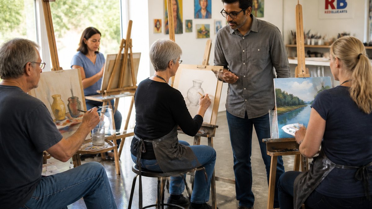 Adults of mixed ages working on paintings and drawings at easels in a bright studio space, instructor observing and providing guidance