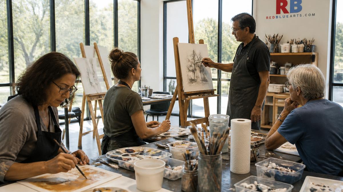 Adult students working on paintings and drawings in a bright, welcoming art studio with natural light, instructor demonstrating a technique
