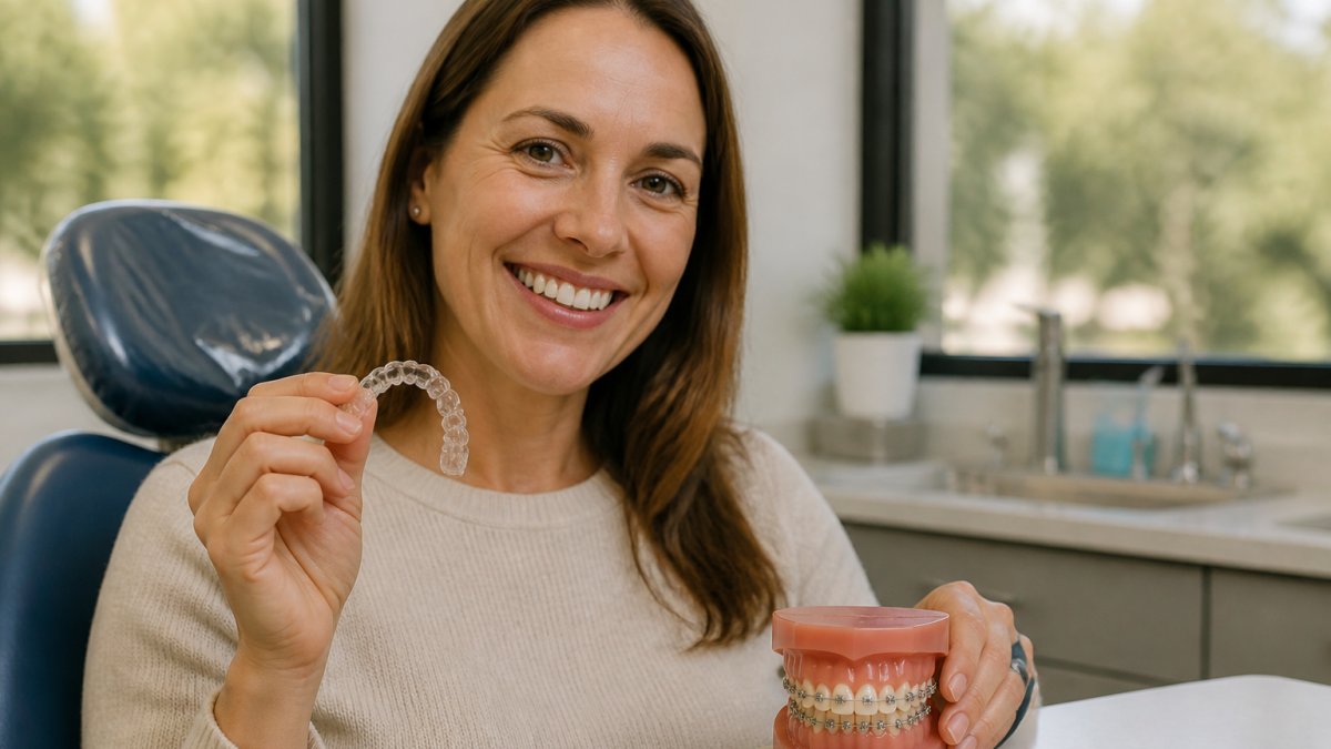 Adult patient smiling in dental office chair, holding clear aligner tray in one hand next to a model displaying traditional metal braces on desk with natural office lighting