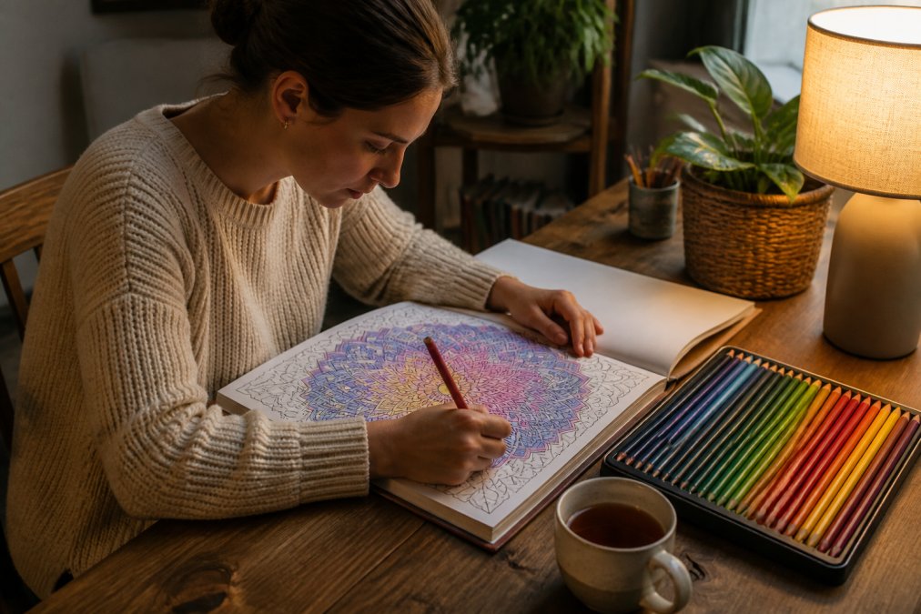 Woman coloring intricate adult colouring prints with pencils at a cozy desk with tea and a lamp