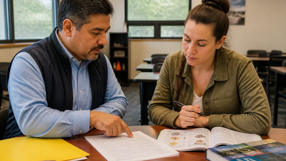 An adult student sitting at a desk with a driving school instructor, reviewing a learner permit application and study materials in a bright classroom setting