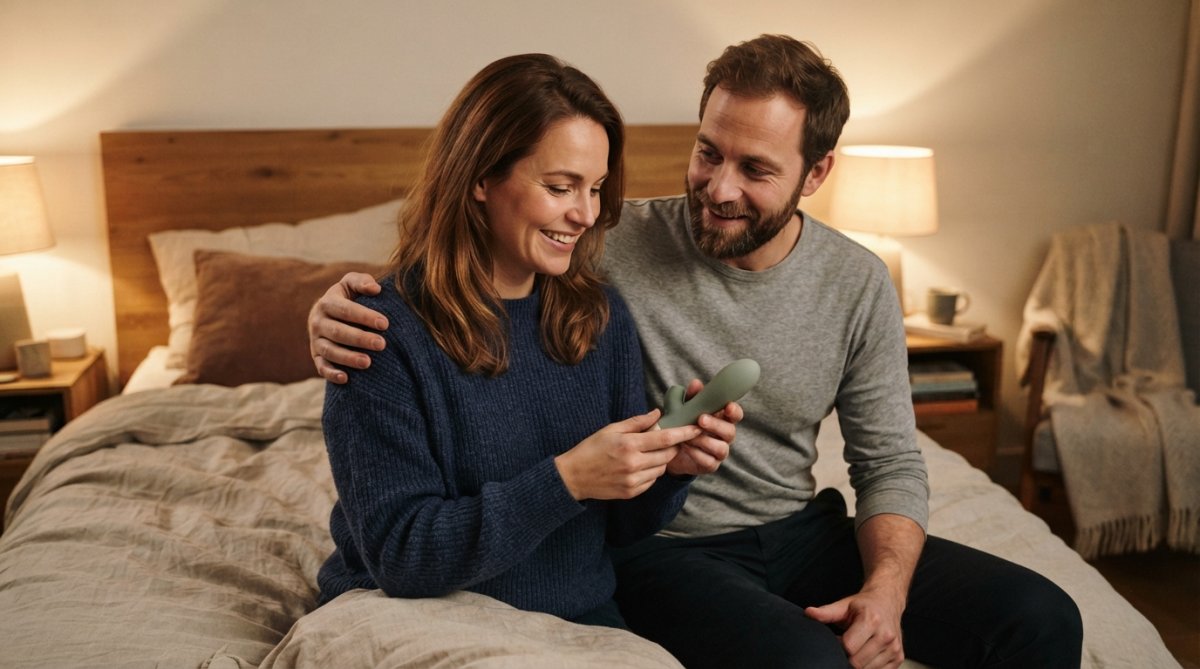 Een koppel in een gezellige, goed verlichte slaapkamer dat elkaar glimlachend aankijkt terwijl ze samen naar een product op het nachtkastje kijken, wat openheid en vertrouwen uitstraalt