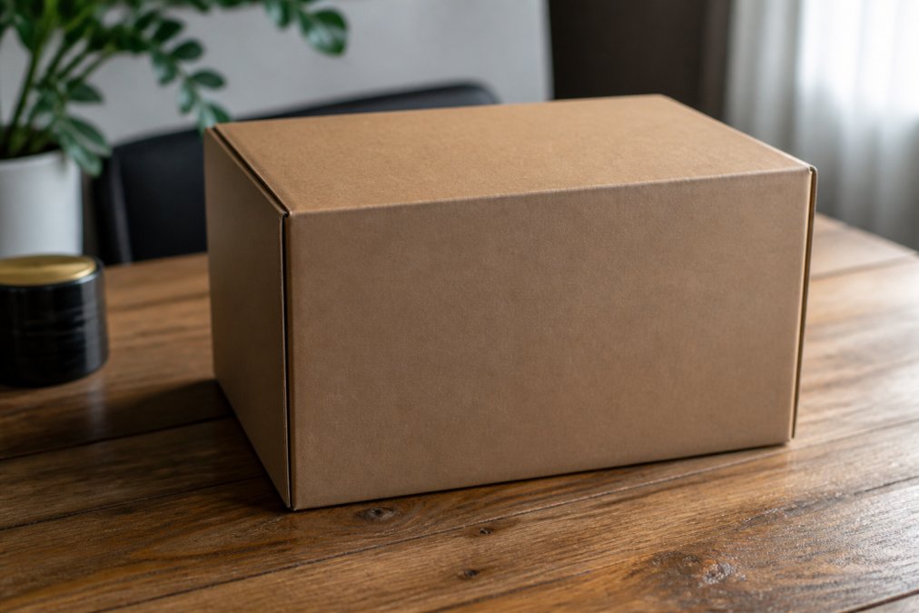 Close-up van een neutrale, ondoorzichtige kartonnen doos zonder herkenbare afzender, logo of branding, staande op een houten oppervlak met zachte verlichting