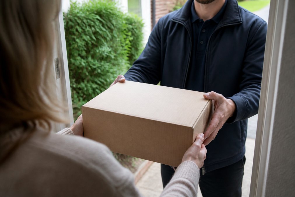 Een persoon die een pakket ontvangt bij de deur, toont een neutrale, ondoorzichtige kartonnen doos zonder branding of herkenbare afzender, met discrete verpakking