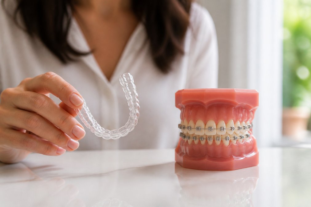 Adult holding a clear aligner tray beside fixed braces for adult teeth straightening