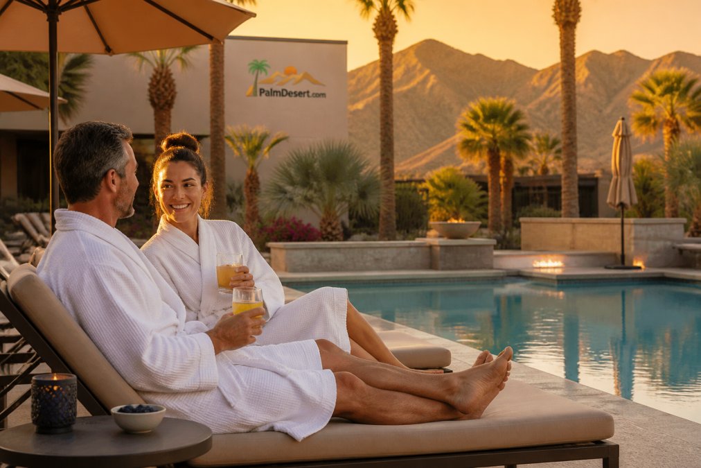 A couple in robes relaxing by a palm-lined pool during an adults only vacation at golden hour in Palm Desert.