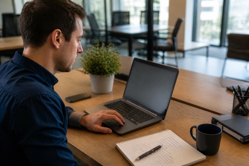 A sales rep at a desk reviewing an account profile on a laptop, with a notebook of handwritten account notes and a coffee cup nearby in a bright modern office