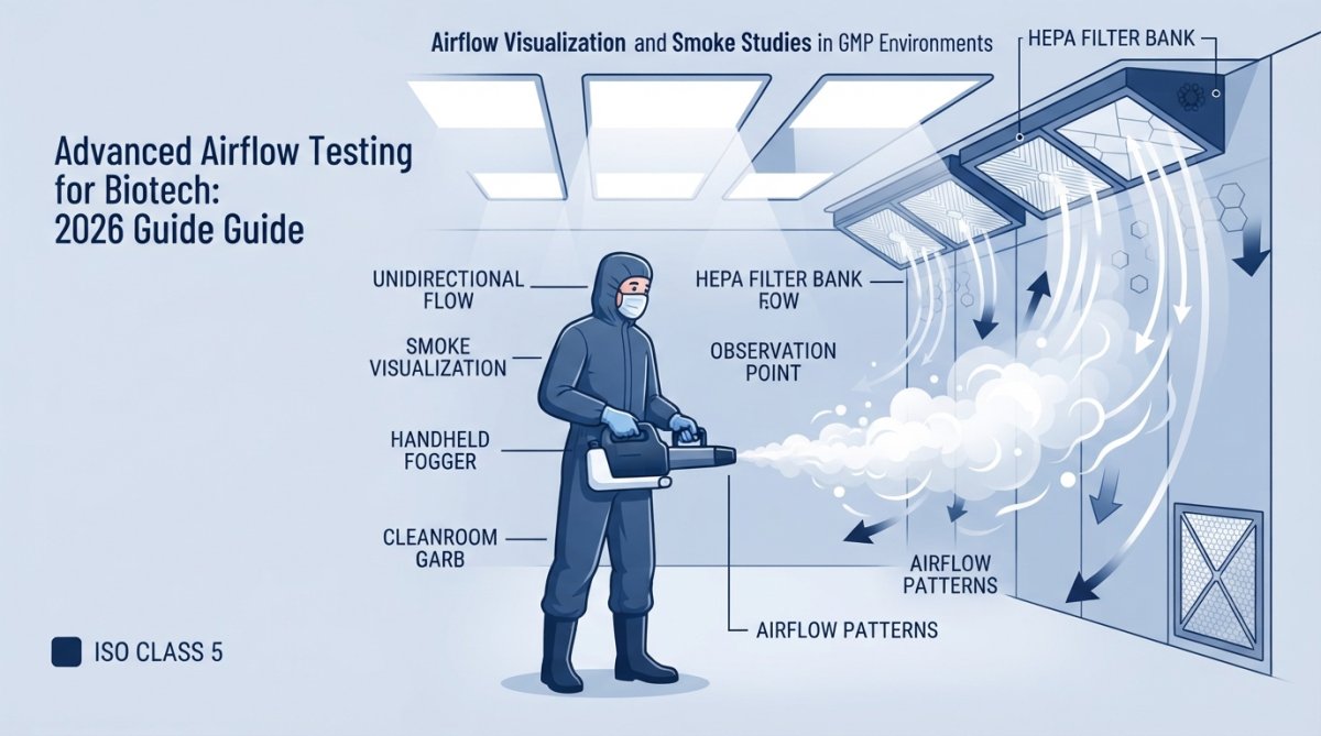Technician in full cleanroom garb holding a handheld fogger device, releasing white tracer smoke while observing airflow patterns in an ISO Class 5 cleanroom with bright overhead lighting and HEPA filter banks visible in background