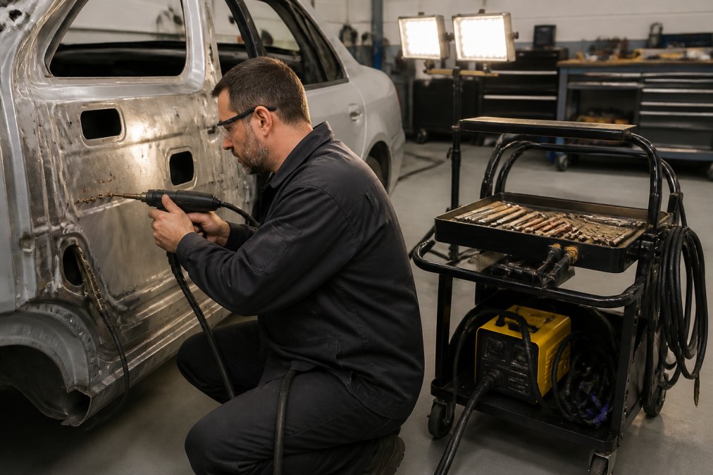 A professional auto body technician in a clean collision repair shop pressing a stud welding gun against an aluminum door panel, with a portable repair trolley and professional lighting visible in the background