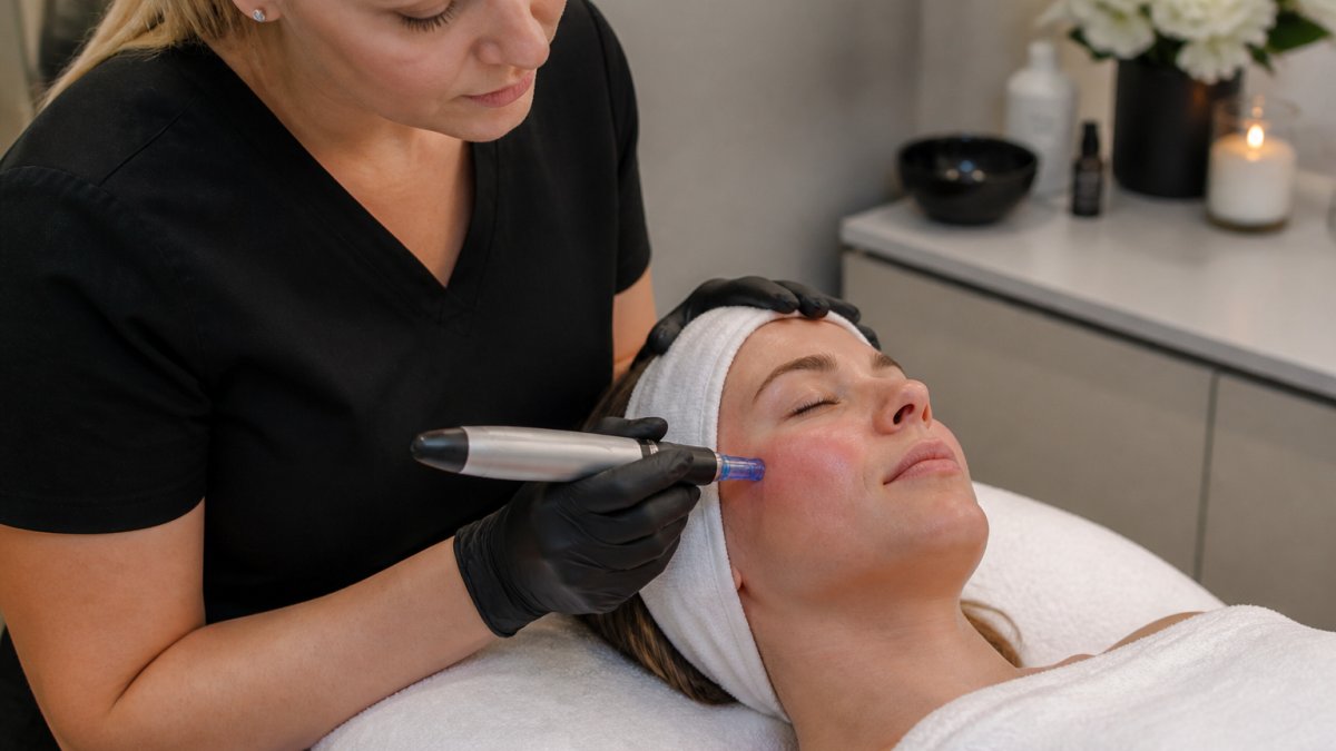 Professional demonstrating skin needling treatment on client's face with precision technique in modern clinical setting with warm natural lighting