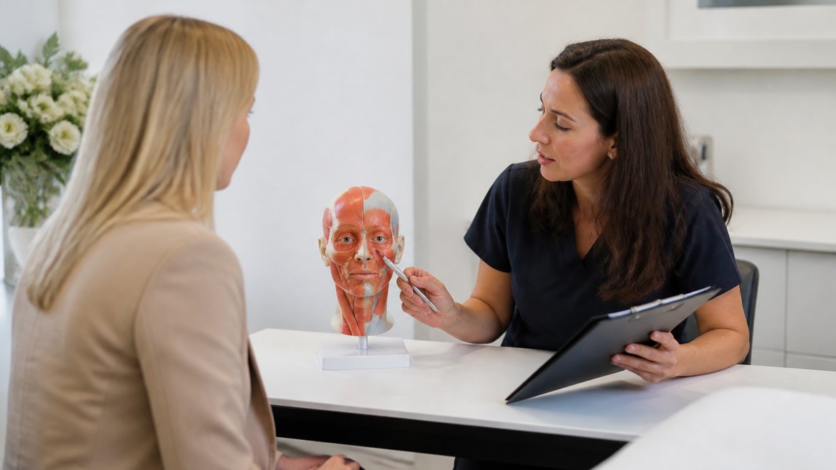 Clinician demonstrating advanced clinical expertise during a facial assessment consultation with a patient.