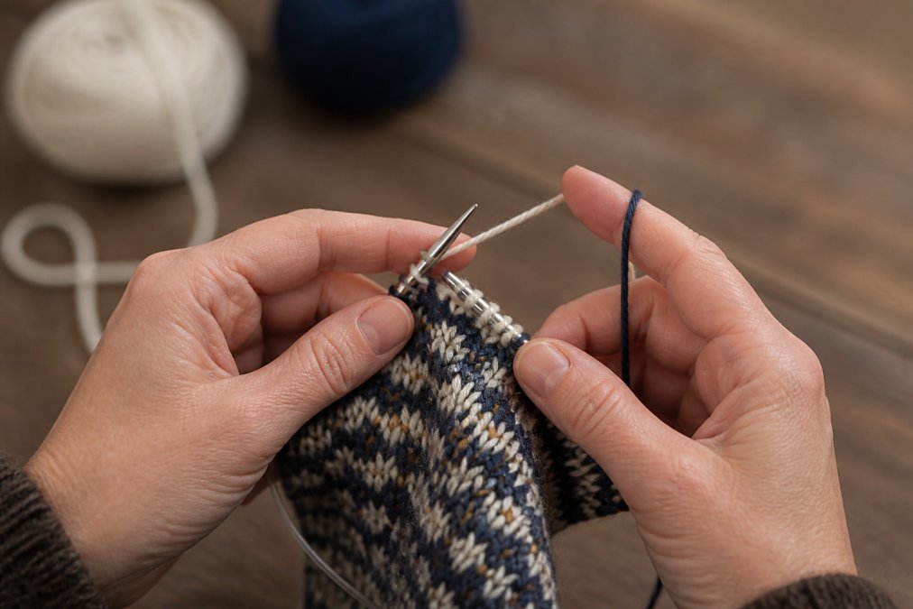 Diagram demonstrating even yarn tension techniques for two-handed colorwork knitting projects.