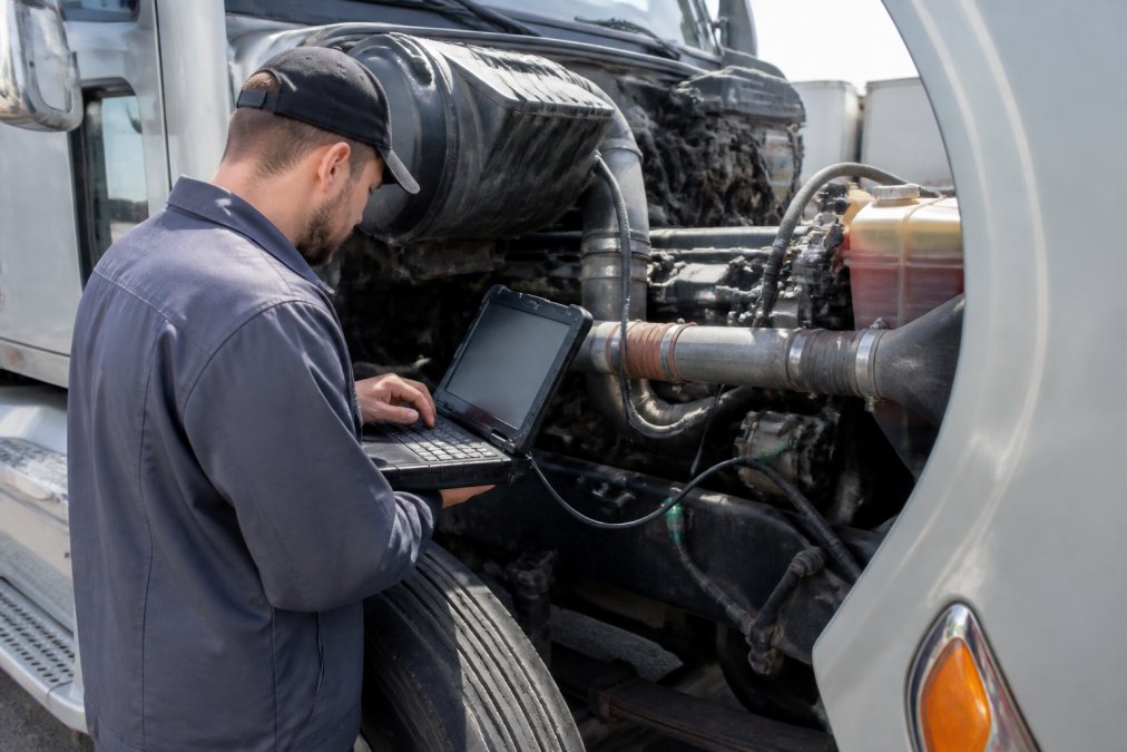 A professional diesel mechanic in a service truck connecting a rugged laptop-based diagnostic scanner to the diagnostic port of a modern semi-truck engine, with the hood open and engine bay visible