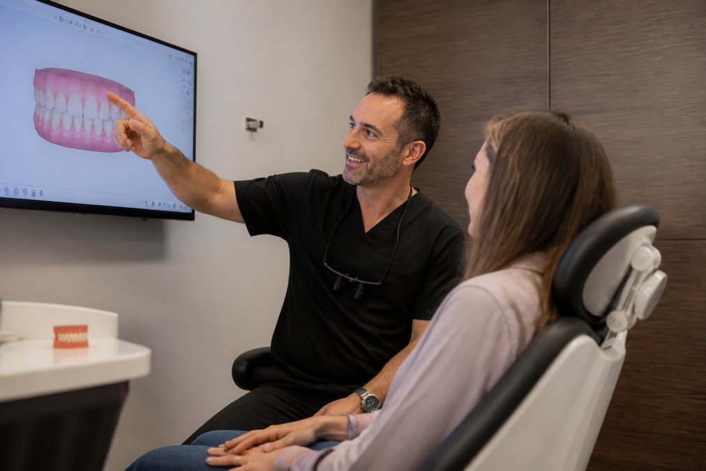 A dentist pointing to a 3D digital smile preview on a monitor while a patient in the chair looks at the screen, bright modern office lighting