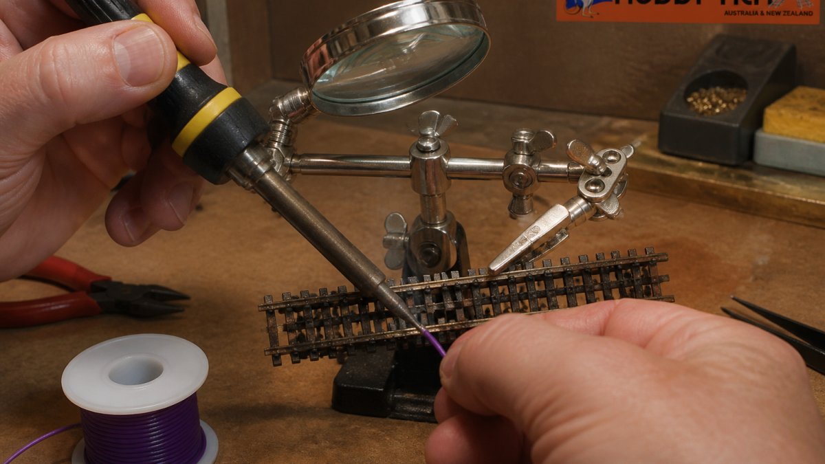 Close-up photograph of a modeller's hands soldering a thin dropper wire to the underside of a section of model railway track on a workbench, with soldering iron, helping hands tool and small reel of purple wire visible under warm workshop lighting