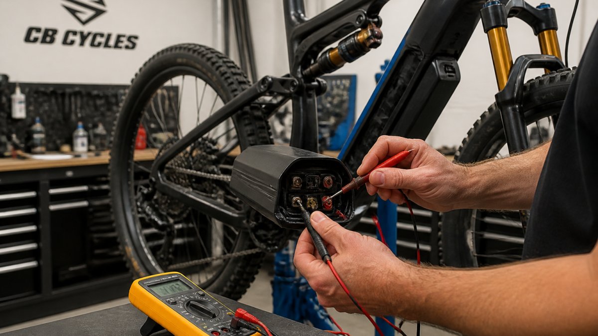 Close-up of a technician's hands using a multimeter to test the battery terminals on an e-MTB, with the bike on a workshop stand in a bright bike shop