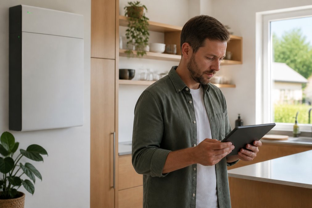A homeowner standing in a modern kitchen reviewing a solar energy monitoring app on a tablet, with a wall-mounted battery storage unit visible in the background, warm natural light coming through a window