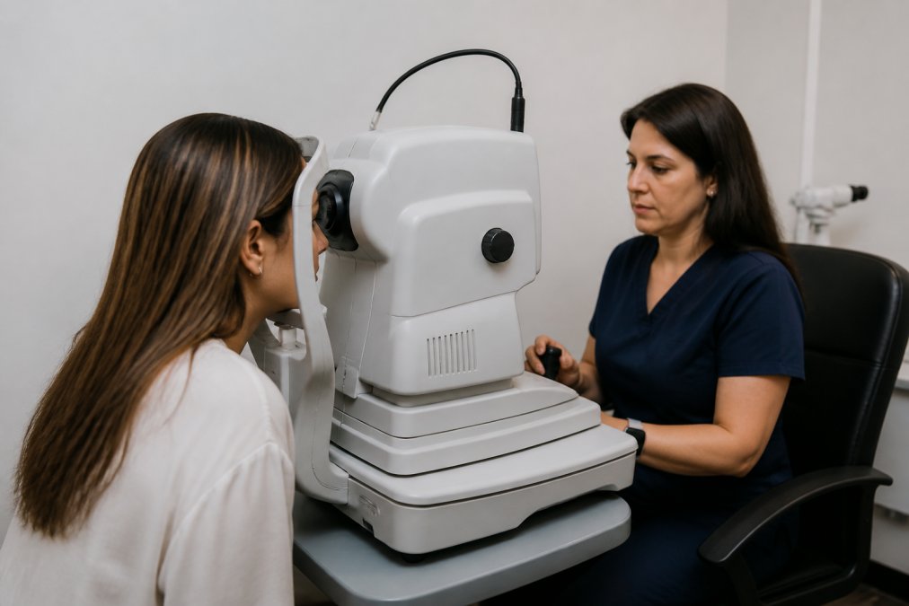 Patient sitting at an advanced OCT imaging machine during an eye scan, with the optometrist positioned nearby monitoring the high-resolution equipment in a modern clinical setting with soft lighting