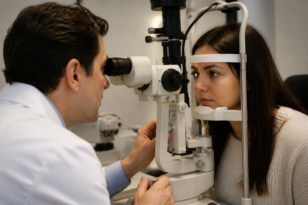 Optometrist performing a comprehensive eye exam on a patient using advanced diagnostic equipment, with close focus on the patient's face and the precision instrument measuring visual function