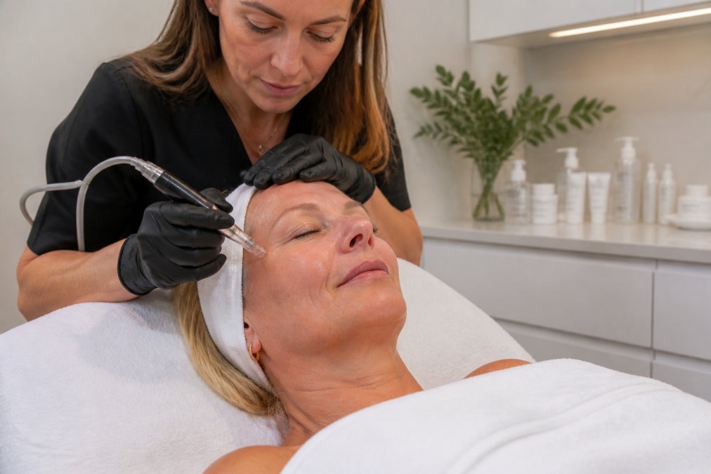 A woman in her 50s with healthy, glowing skin lying relaxed on a treatment bed while a professional aesthetician performs a nanoinfusion facial in a bright, modern clinic room