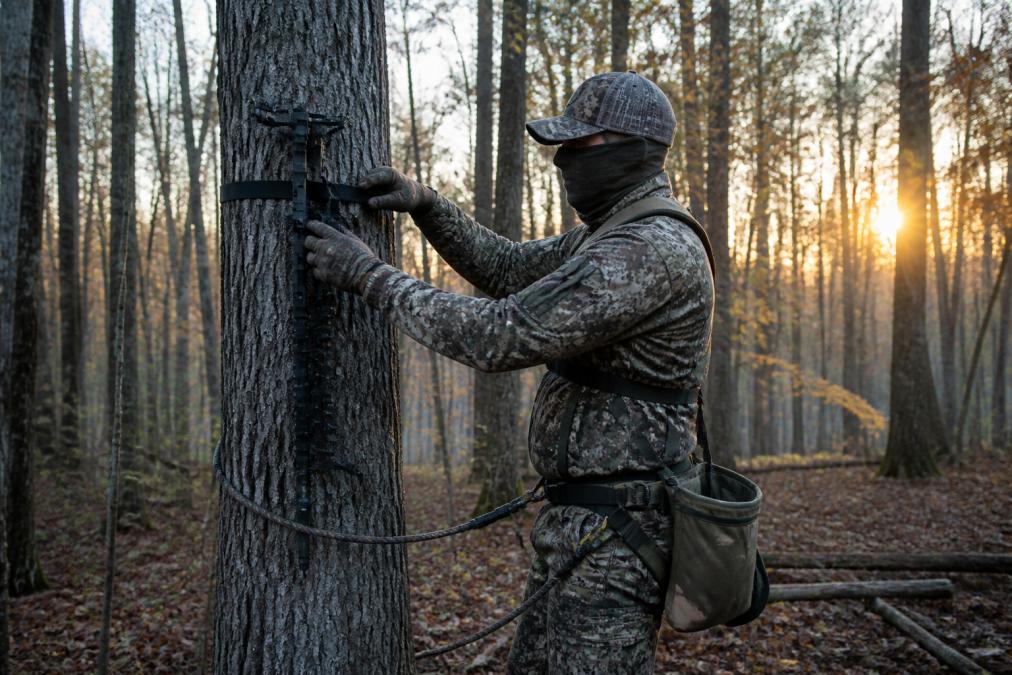 Camouflaged mobile saddle hunter attaching lightweight climbing sticks to a tree at dawn in an autumn forest