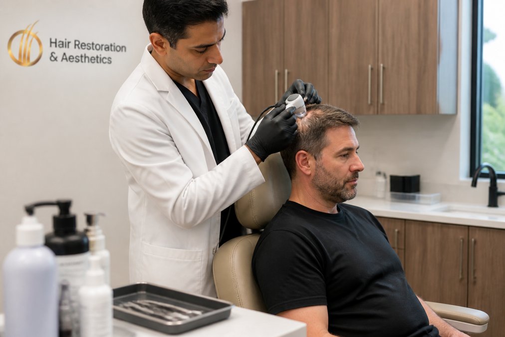 Board-certified physician using a dermatoscope to evaluate scalp health as part of personalized hair health solutions