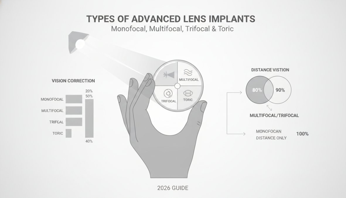 Ophthalmologist's gloved hand holding an intraocular lens implant up to surgical light, showing the lens structure and optical zones with crystalline clarity