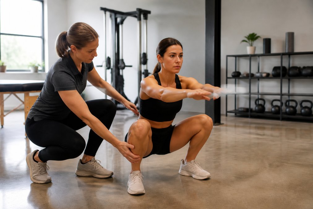 Athletic trainer demonstrating deep squat assessment with client in bright clinical setting, evaluating knee and hip alignment during functional movement test