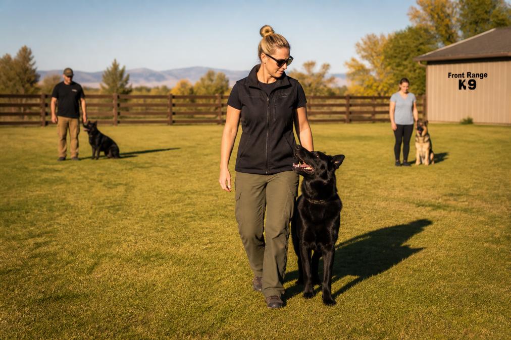 A dog holding a focused heel position beside its handler on a wide open grassy field, with other people and dogs visible in the background as distractions, photographed in bright afternoon sunlight