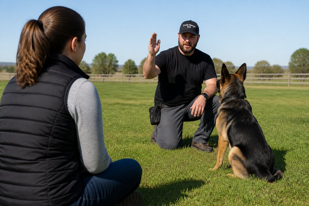A professional dog trainer working one-on-one with a dog and its owner outdoors on a sunny day, the handler attentively watching the trainer demonstrate a hand signal command, with green grass and open space in the background