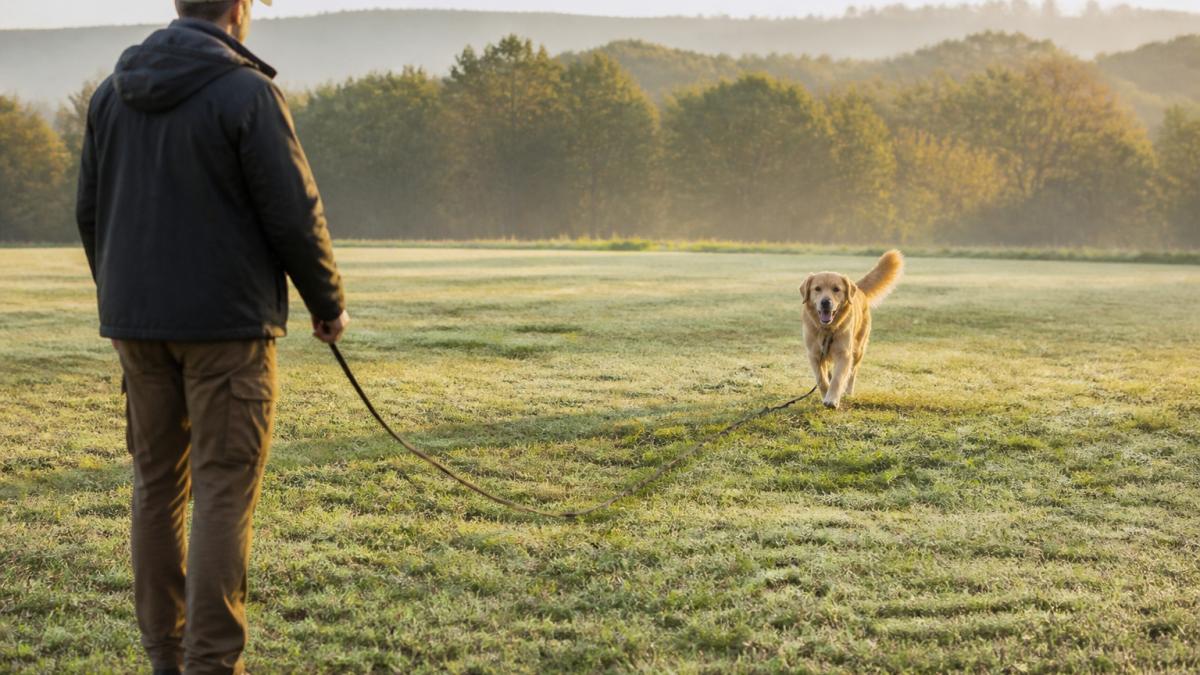 Handler training a dog on a long line in a grassy field as part of advanced off leash dog training programs.