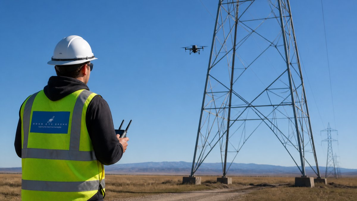 A certified drone pilot in a high-visibility vest standing at a safe distance from a transmission tower, controller in hand, with a small inspection drone hovering near the tower structure on a clear day