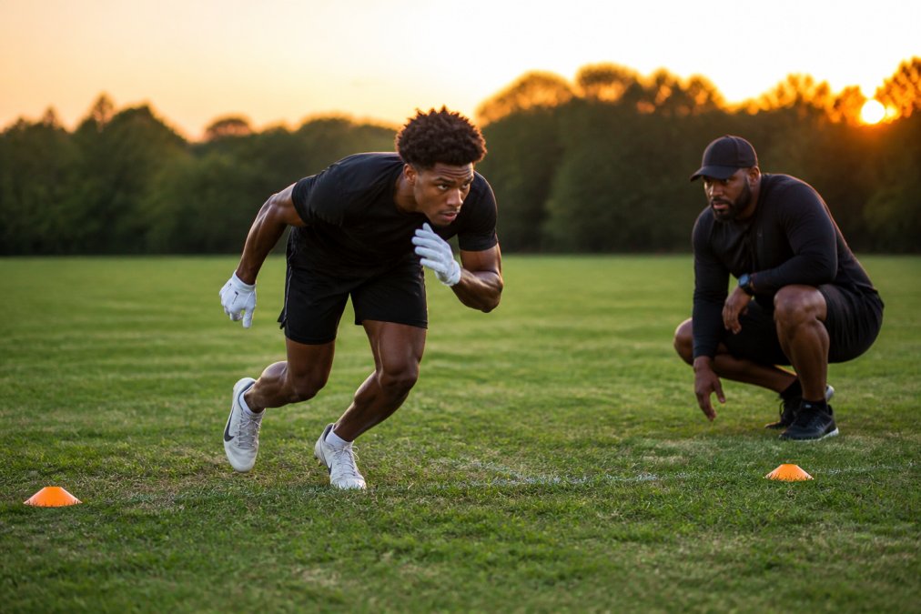 A wide receiver in a three-point stance exploding off the line of scrimmage on a grass field at sunset, a coach crouching nearby with cones marking the drill area