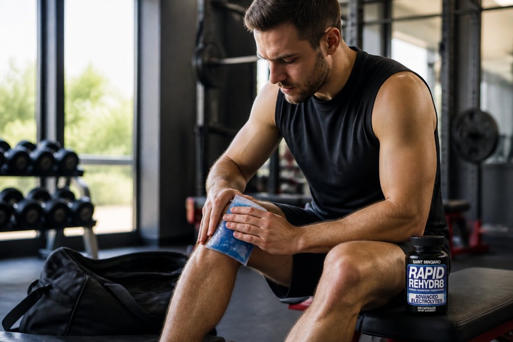 Athlete applying ice pack to leg after intense workout, sitting on bench in gym or training facility with natural lighting