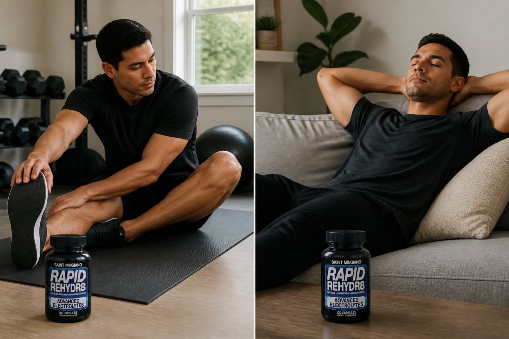 Active recovery scene with athlete performing light stretching on yoga mat in home gym setting with natural lighting