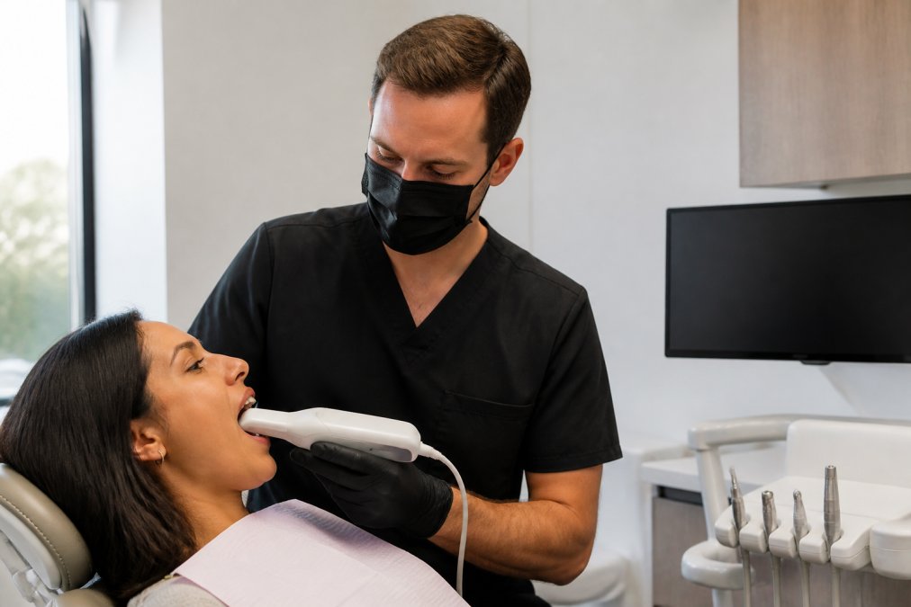 A dentist in a bright modern treatment room holding an intraoral scanner near a patient's open mouth while a chairside monitor shows a 3D digital tooth model